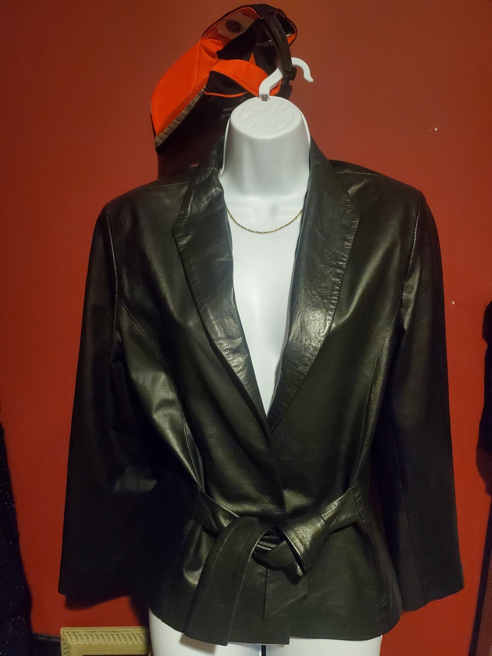 Classic Black Faux Leather Belted Jacket for Women